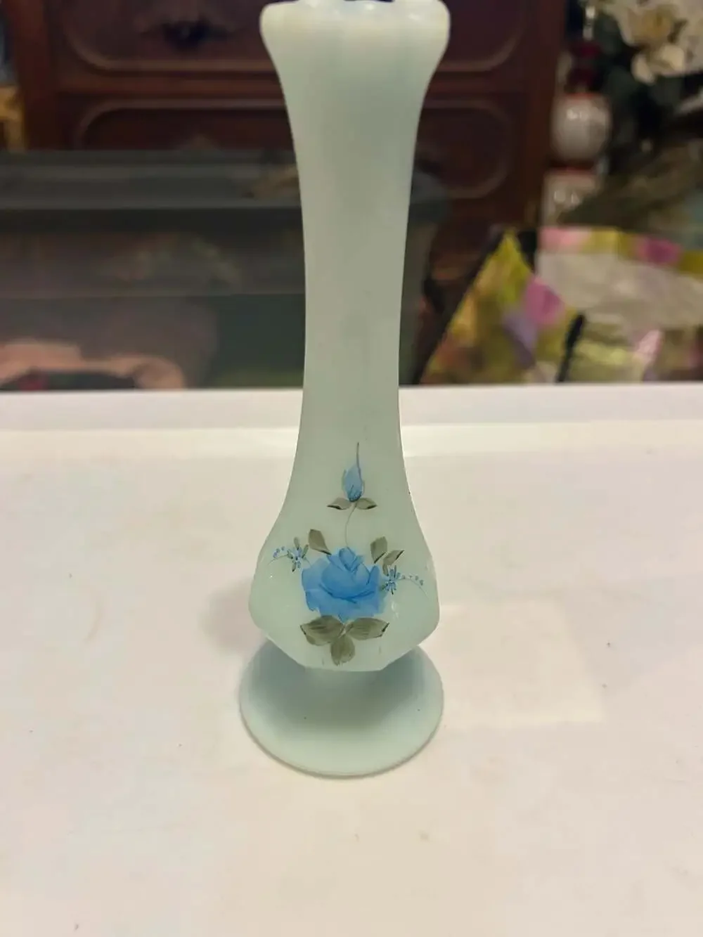 Fenton Satin Blue Green Hand Painted Vase Flowers & Signed by Kim L